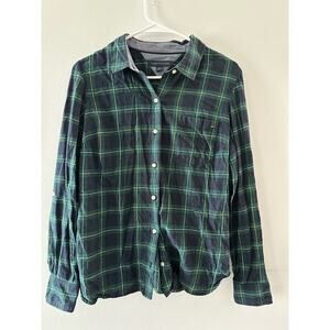 Tommy Hilfiger Top Women's Medium Green Button Down Plaid Long Sleeve Cotton